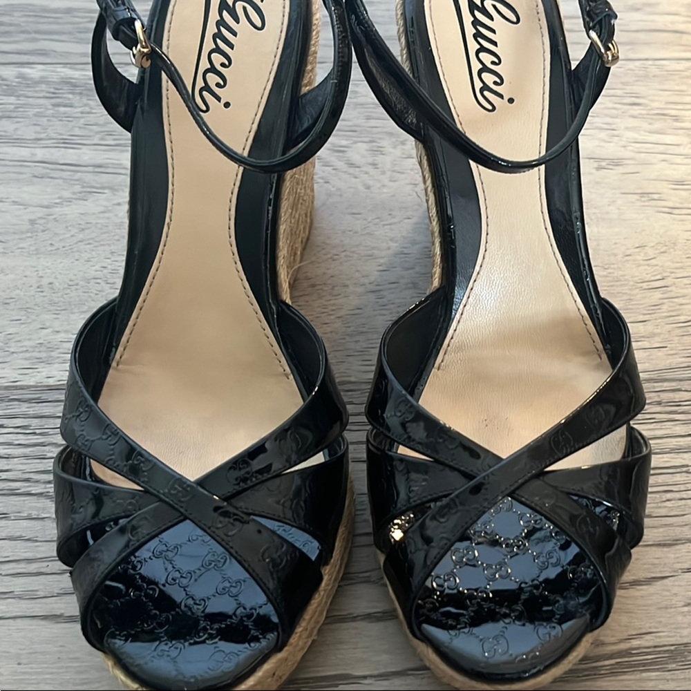 Gucci Microguccissima Black Patent logo Leather Espadrille Wedges - Picture 6 of 7
